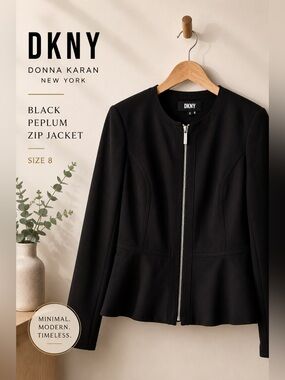 DKNY Black Peplum Zip Front Jacket Size